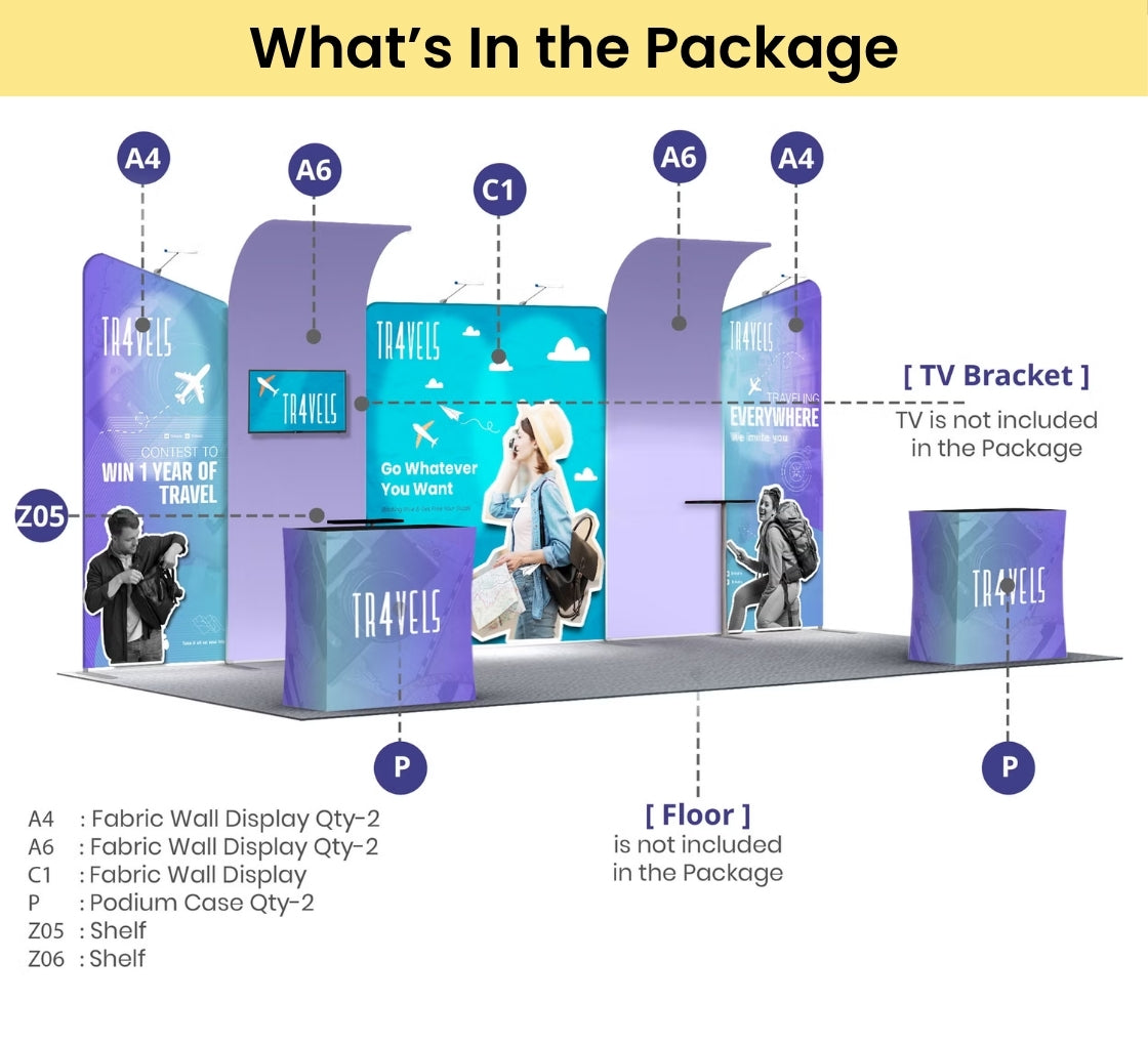 20ft Inline Trade Show Booth – Modular Fabric Display with Podium, Shelves & LED Lights