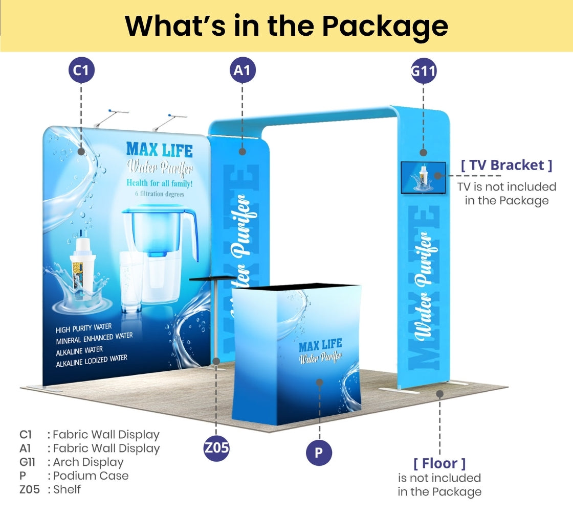 10ft Inline Trade Show Booth – Portable Backwall Display with LED Lights & Counter