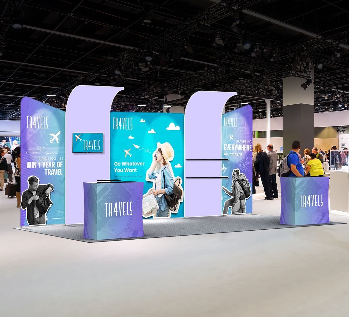 20ft Inline Trade Show Booth – Modular Fabric Display with Podium, Shelves & LED Lights