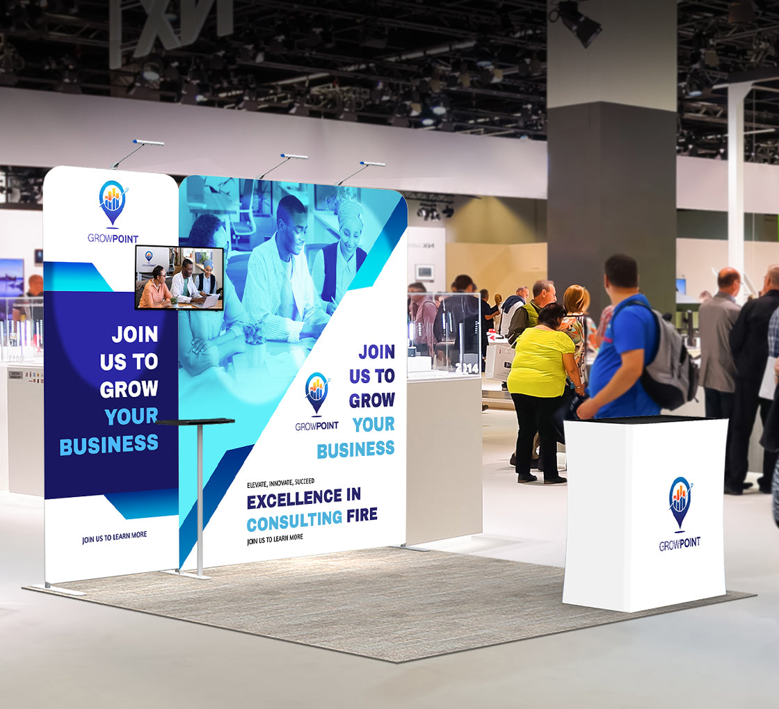 10ft Inline Trade Show Booth – Modular Display with LED Lights, Monitor Mount & Counter